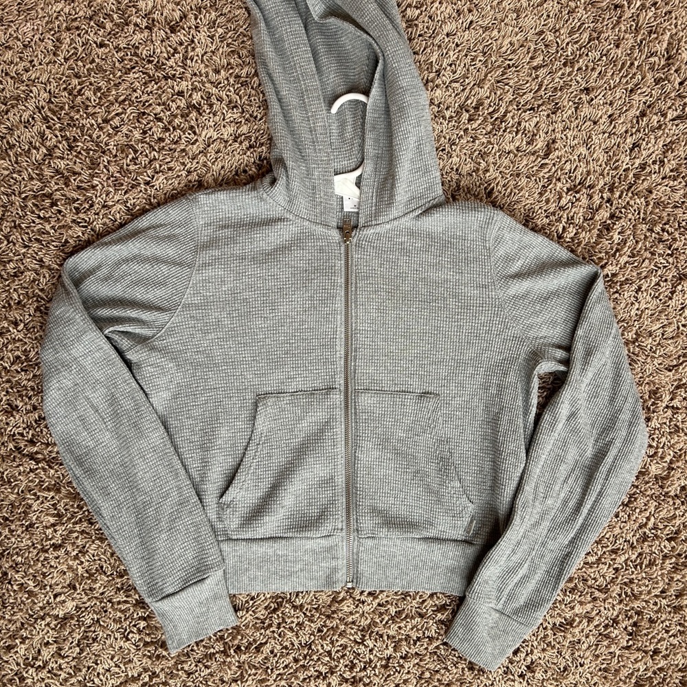 Aritzia TNA Gray Waffle Hooded Zip-Up Jacket